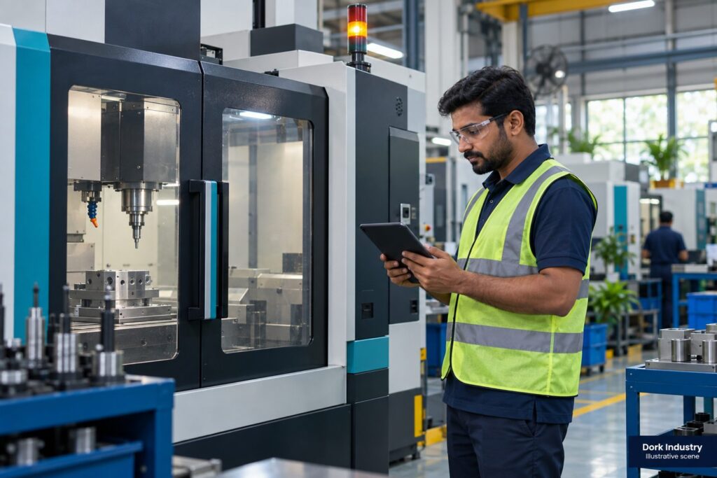 Supervisor reviews a downtime record beside an enclosed idle CNC machine