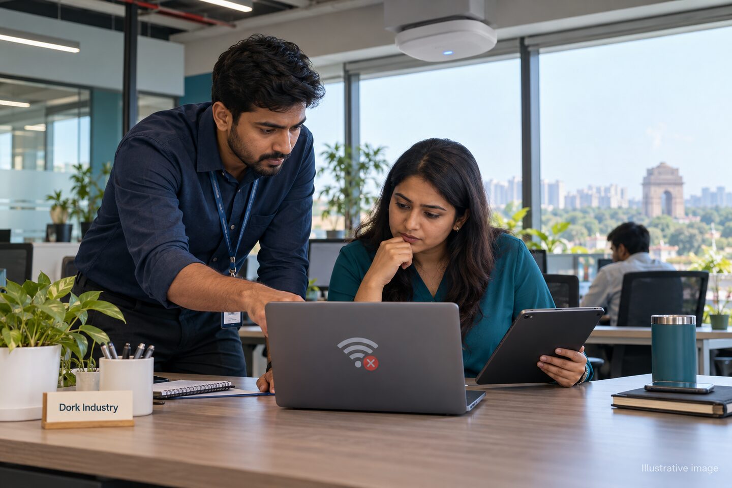 Illustrative image of a Delhi office team diagnosing an intermittent Wi-Fi connection.