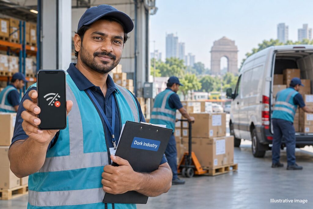 Illustrative image of a Delhi logistics field team using an offline-capable mobile app.