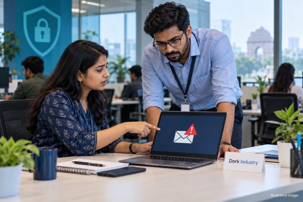 Illustrative image of a Delhi office employee reporting a suspected phishing incident to IT support.