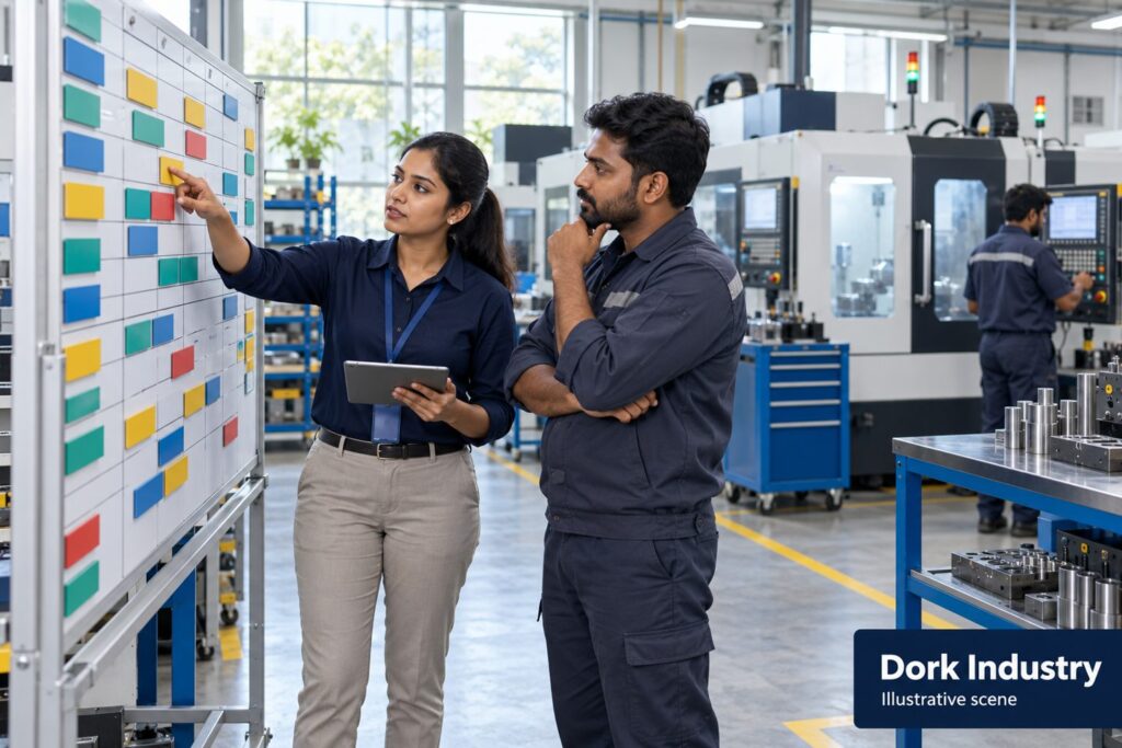 Production planner and supervisor reviewing job cards beside enclosed factory machines