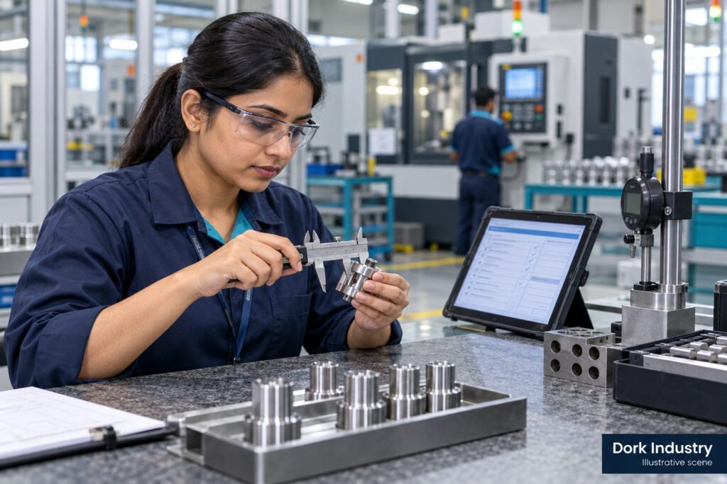 Inspector checks a machined component beside a digital inspection form