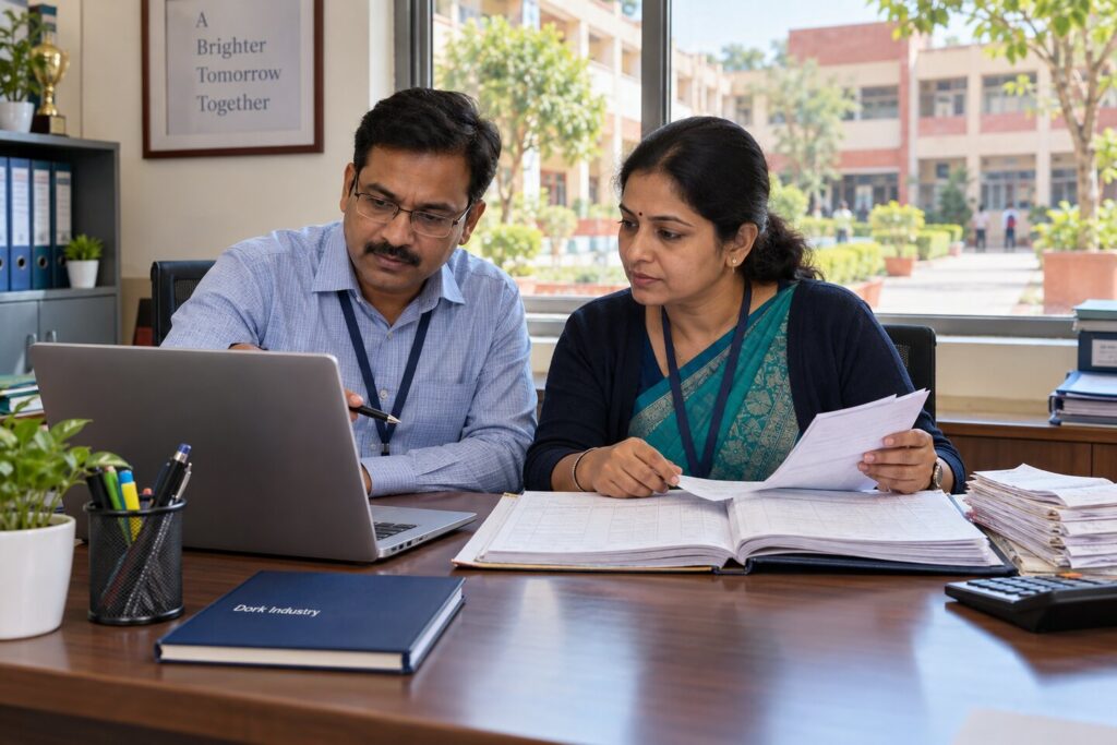 Delhi school accounts team reconciling fee payments