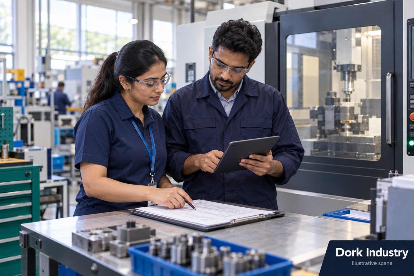 Production supervisor and operator compare a paper stop log with a tablet