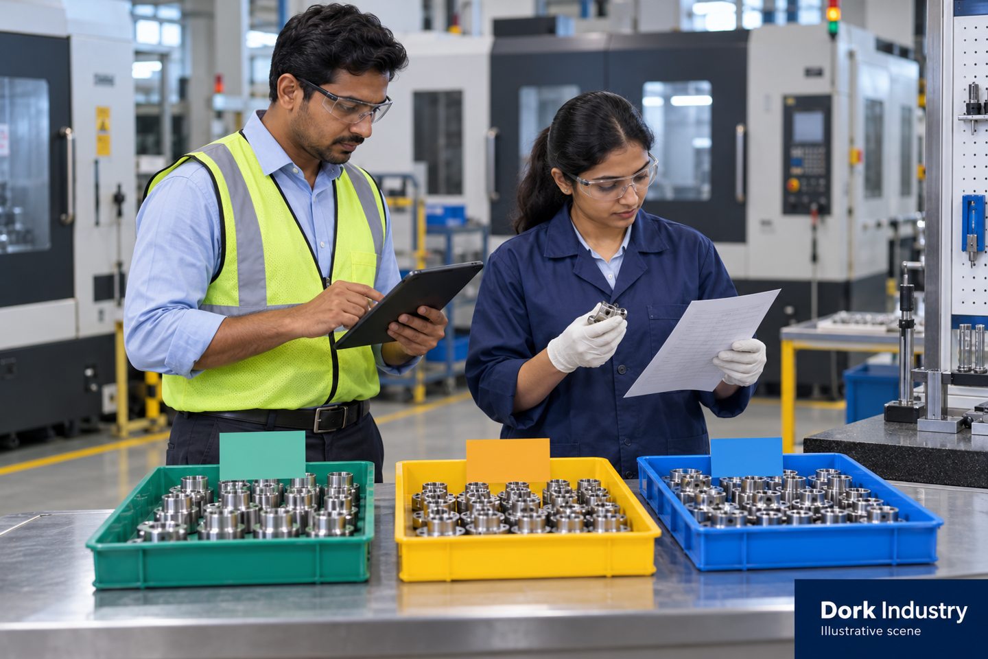 Factory supervisor and inspector review physically separated component trays