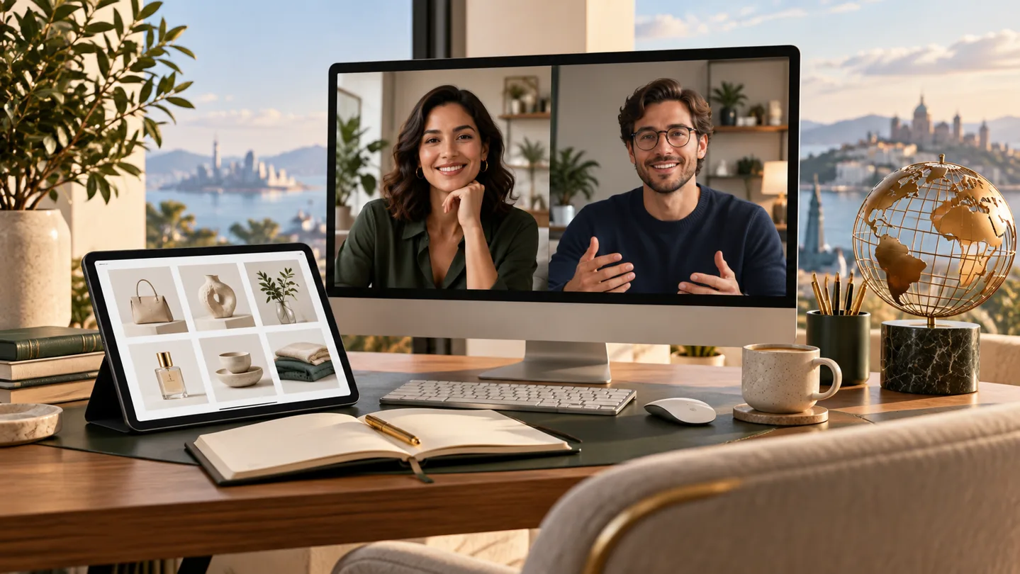 Illustration of remote collaborators reviewing an ecommerce store by video call