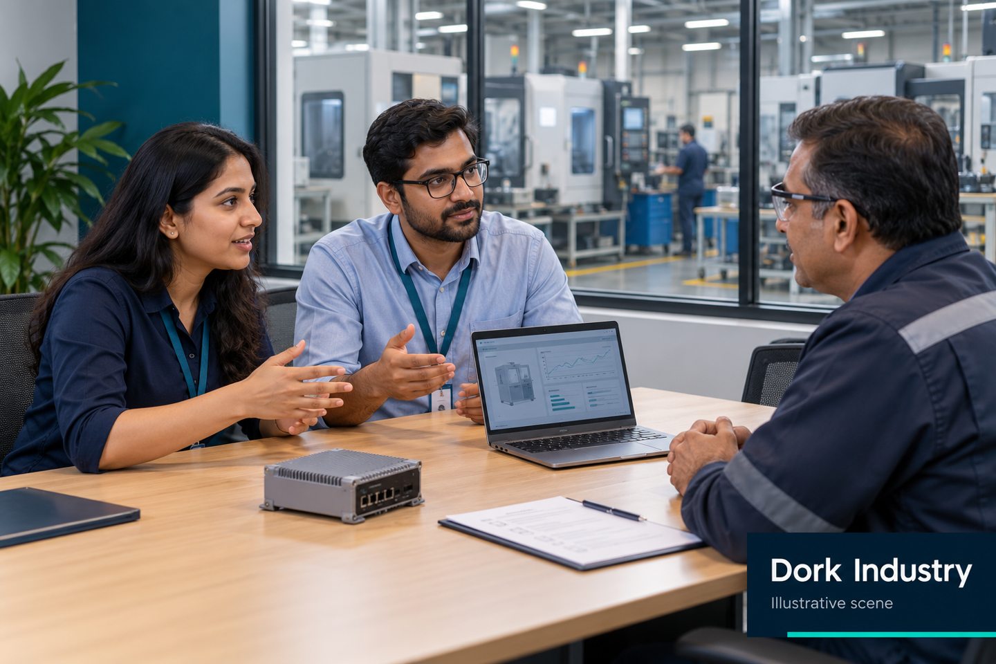 Engineers and factory manager discuss a machine monitoring pilot
