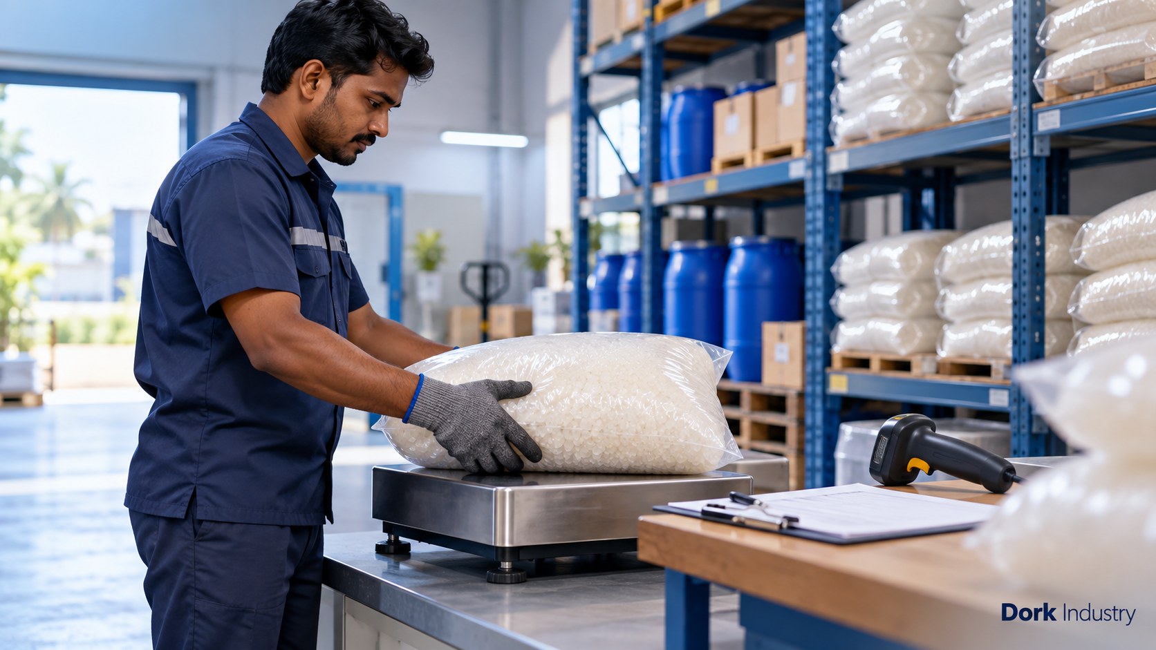 Worker weighs a resin bag during a physical inventory count