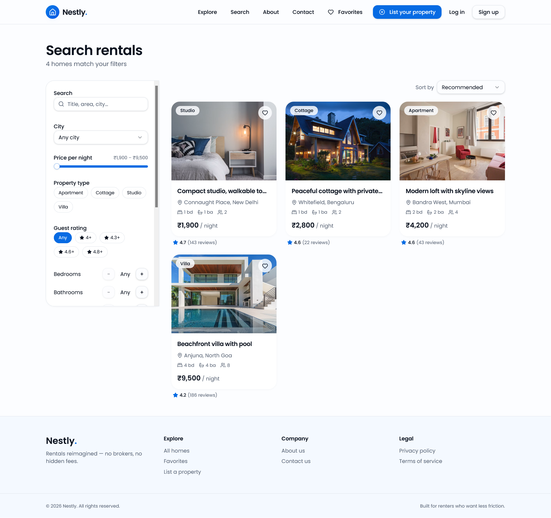 Nestly rental search screen with property cards and filters