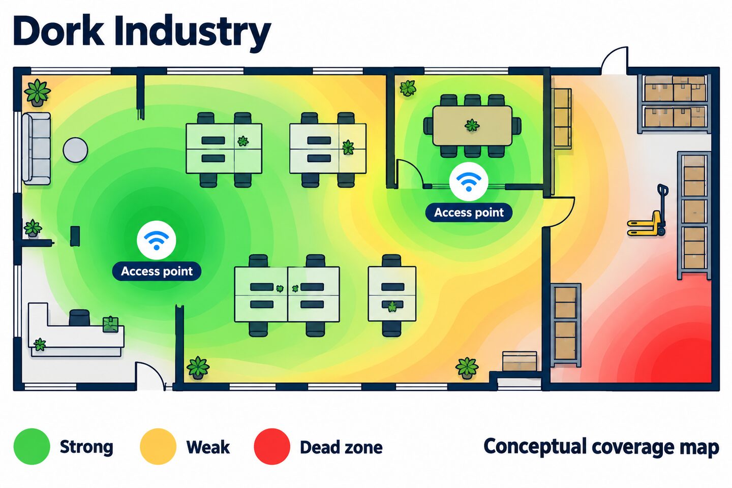 Conceptual office Wi-Fi heatmap showing strong, weak and dead-zone coverage areas.