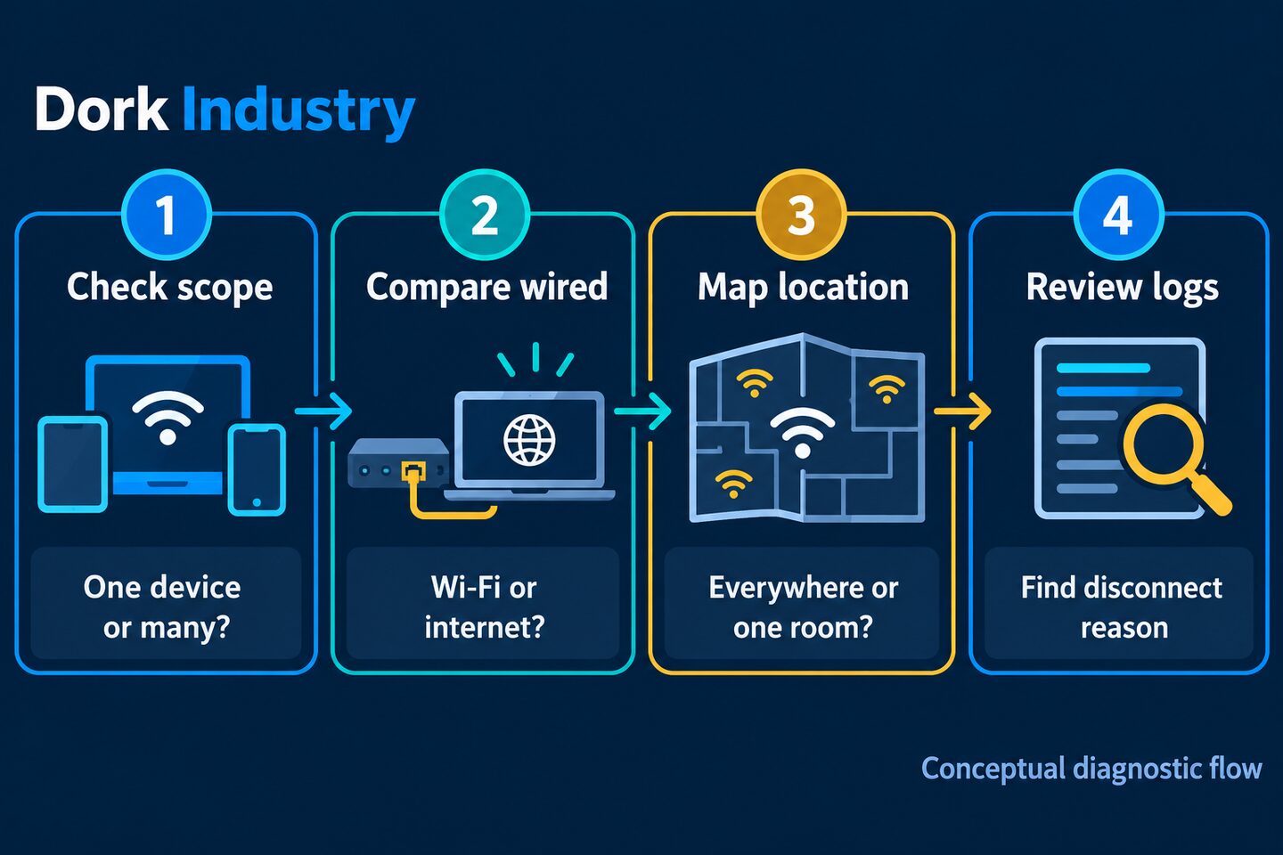 Conceptual four-step flow for checking Wi-Fi scope, wired service, location and logs.