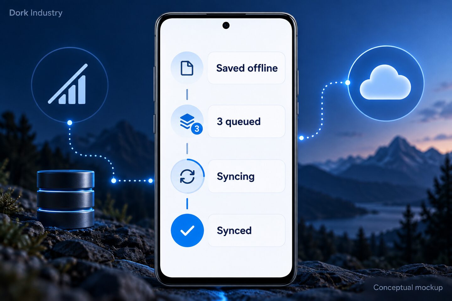 Conceptual mobile app mockup showing saved offline, queued, syncing and synced states.