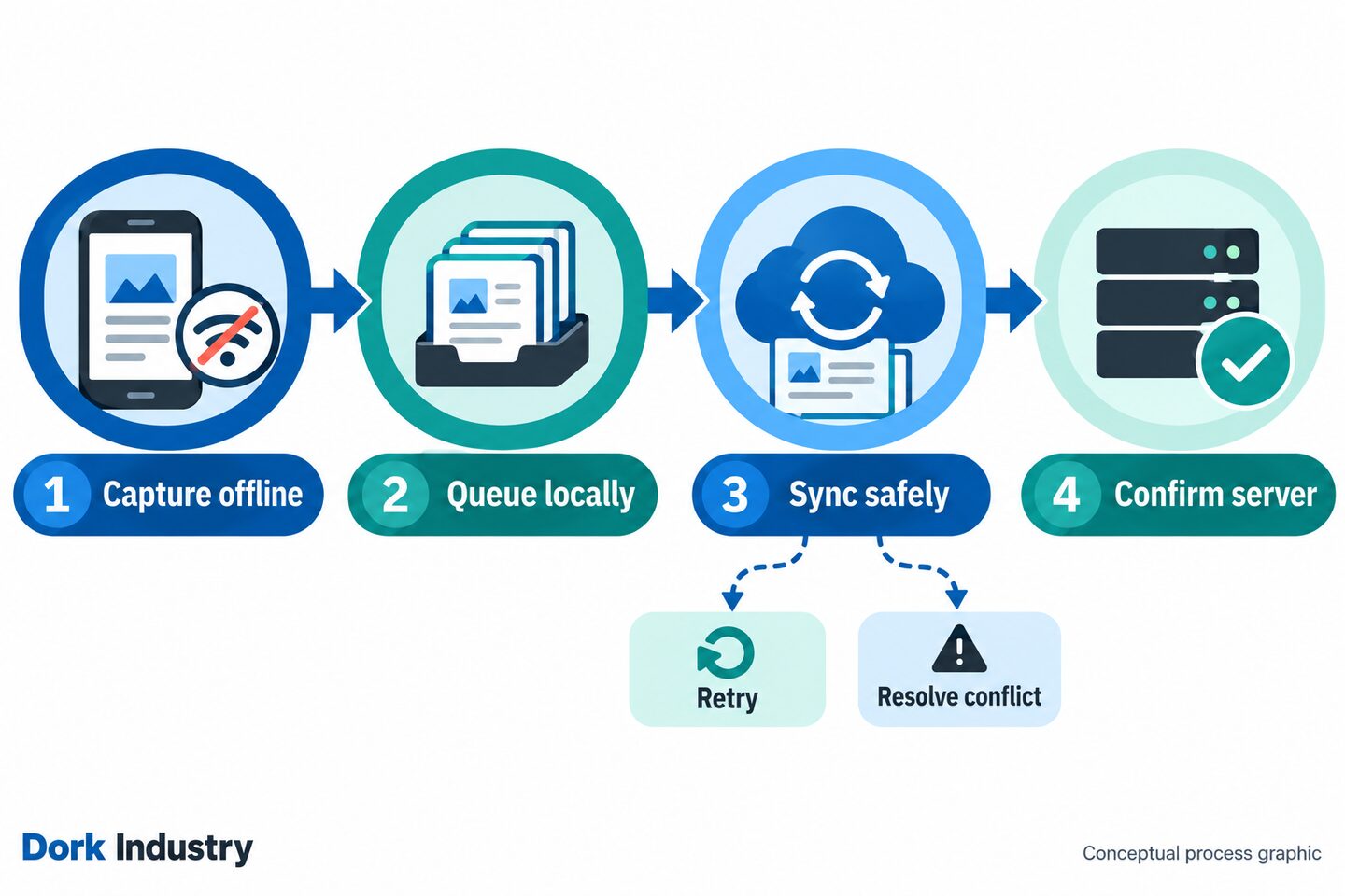 Conceptual process graphic showing capture offline, queue locally, sync safely and confirm on server.