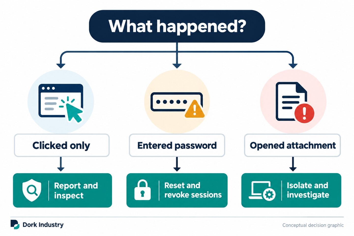 Conceptual decision graphic for a clicked link, entered password or opened attachment.