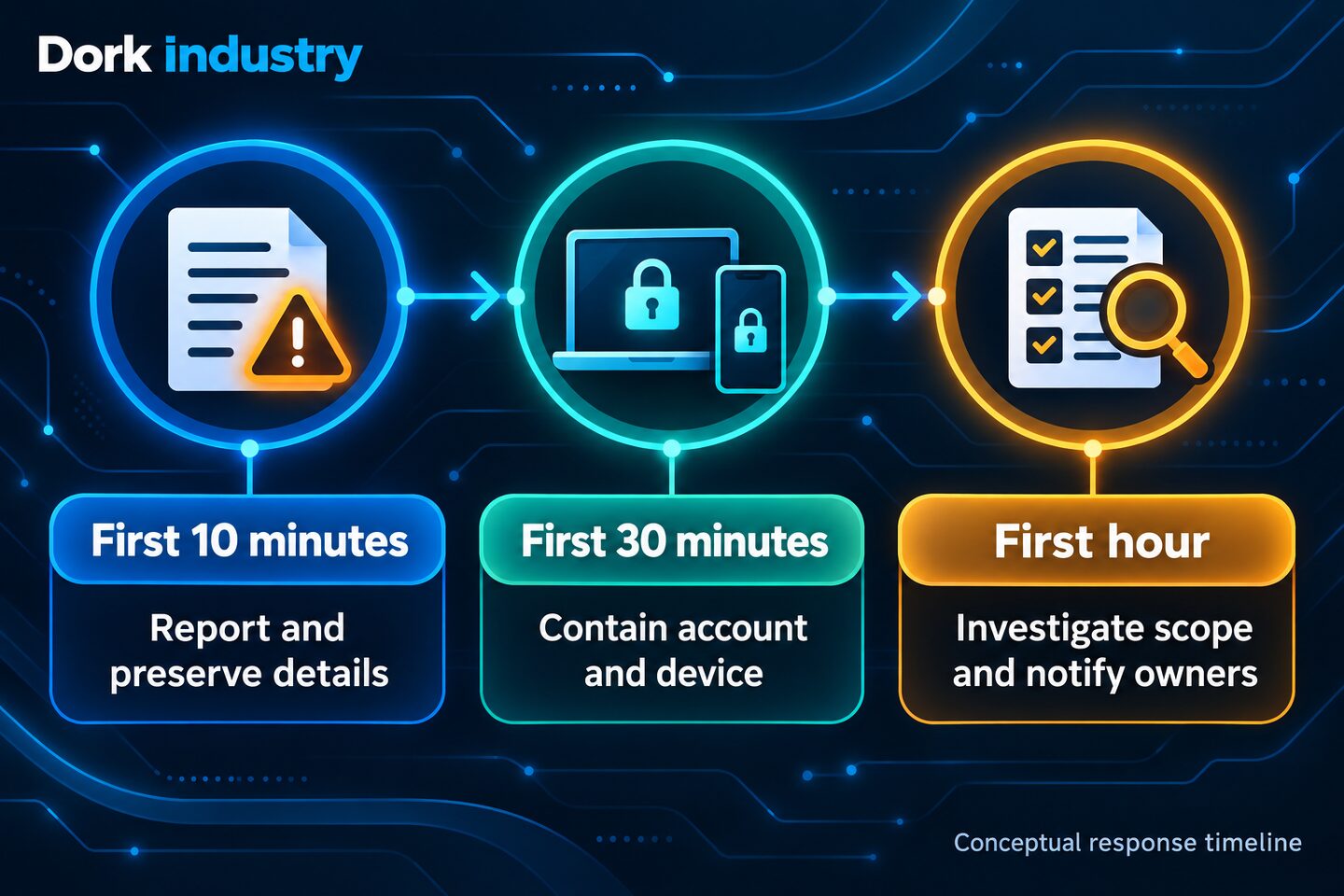 Conceptual timeline showing phishing incident actions in the first 10 minutes, 30 minutes and hour.