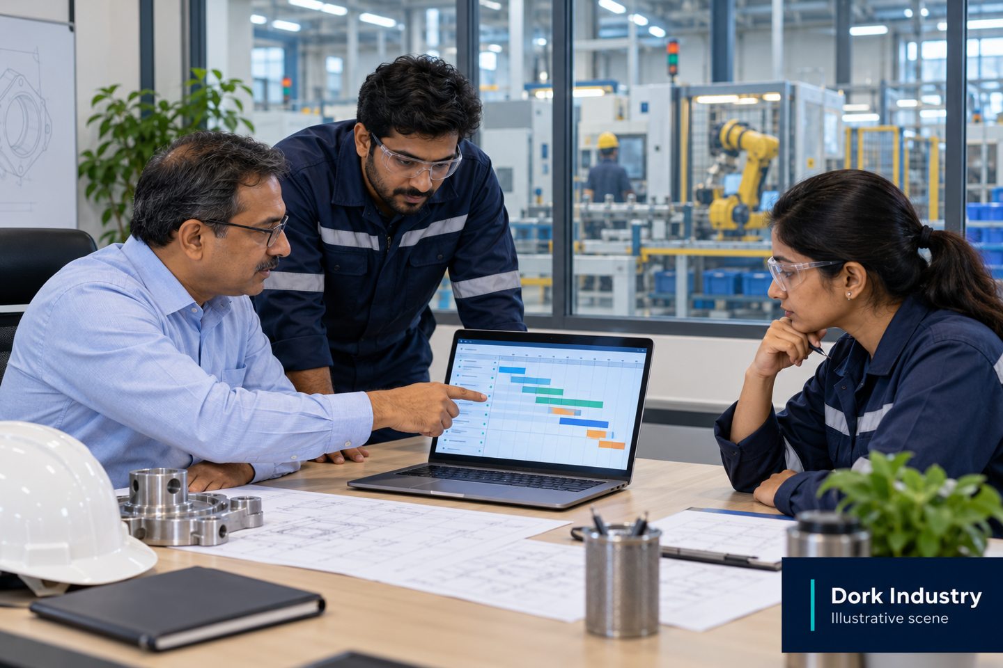 Indian manufacturing owner and engineers discuss a production scheduling pilot