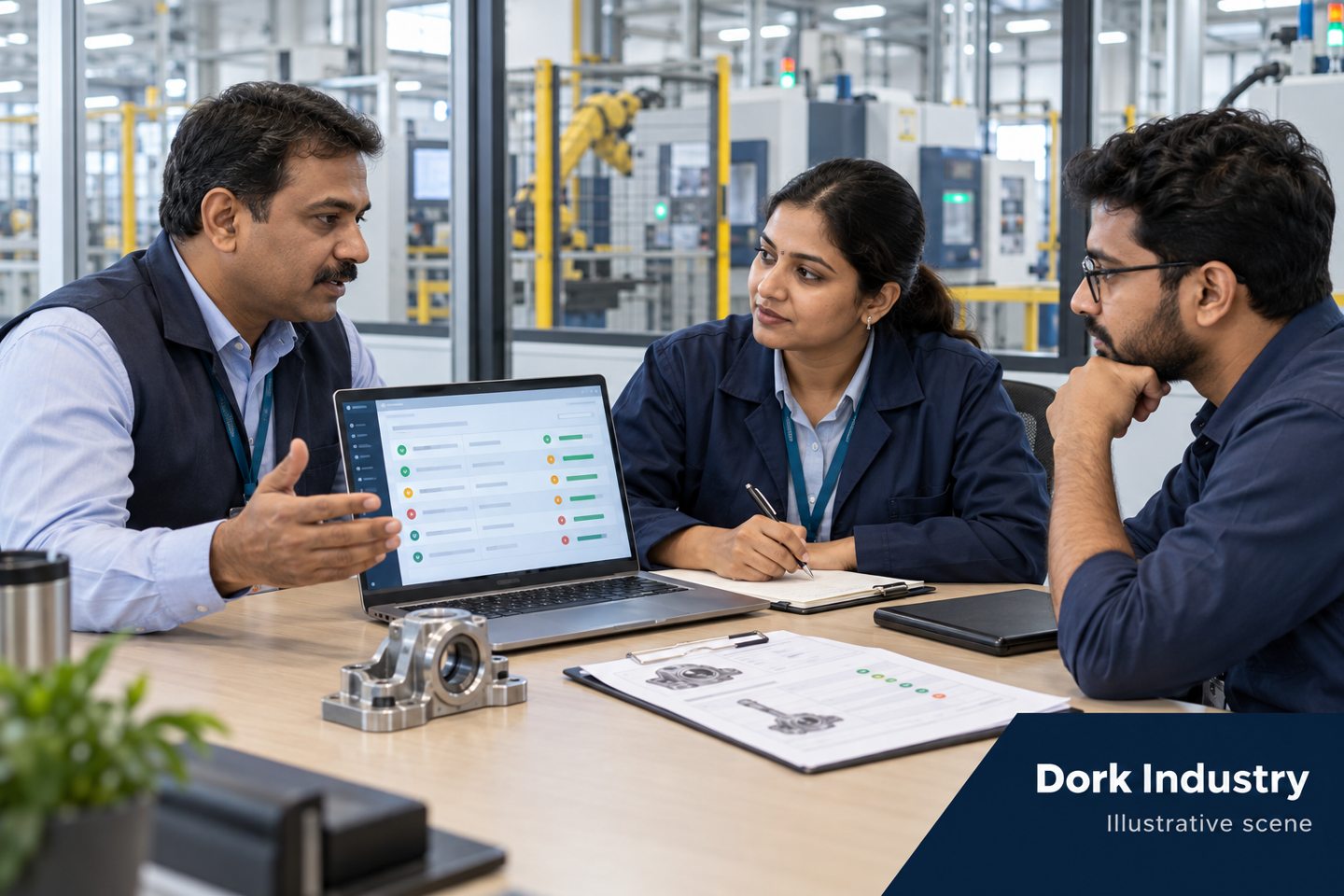 Factory manager, quality lead and engineer discuss an inspection workflow pilot