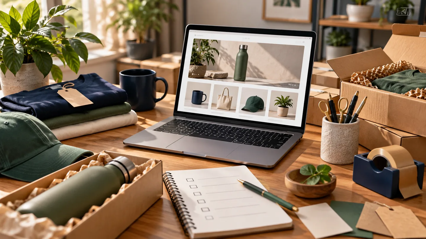 Illustration of product samples, packing materials and an ecommerce catalogue on a laptop