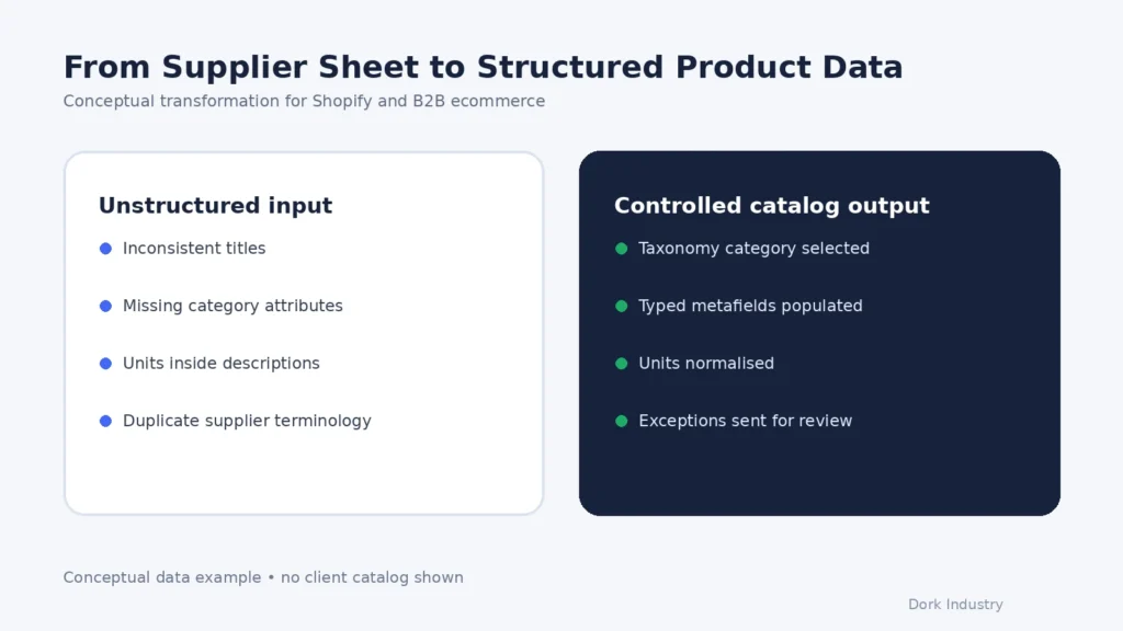 Supplier product data transformed into structured ecommerce catalog fields