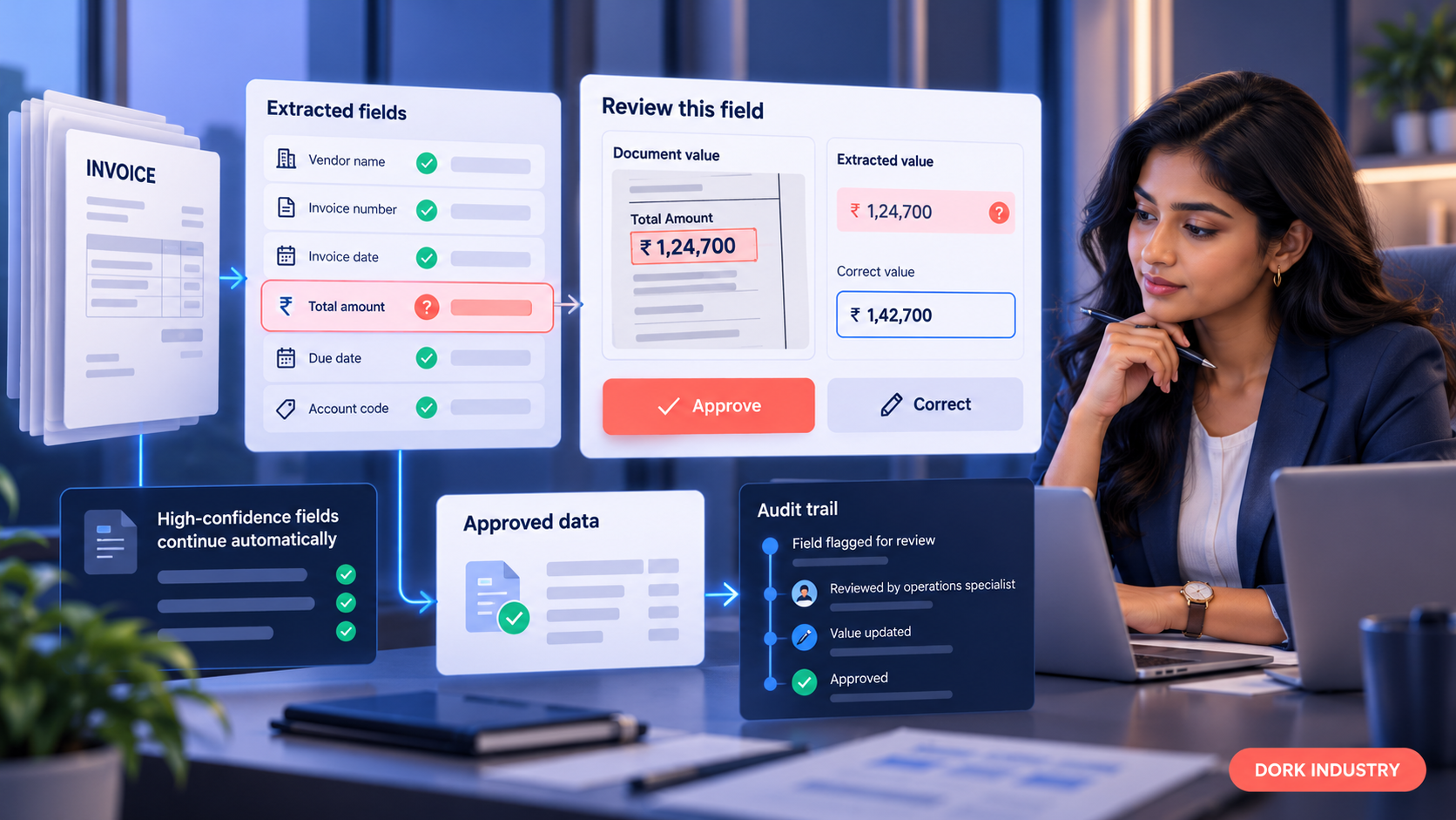 Human review of an uncertain field in an AI document automation workflow
