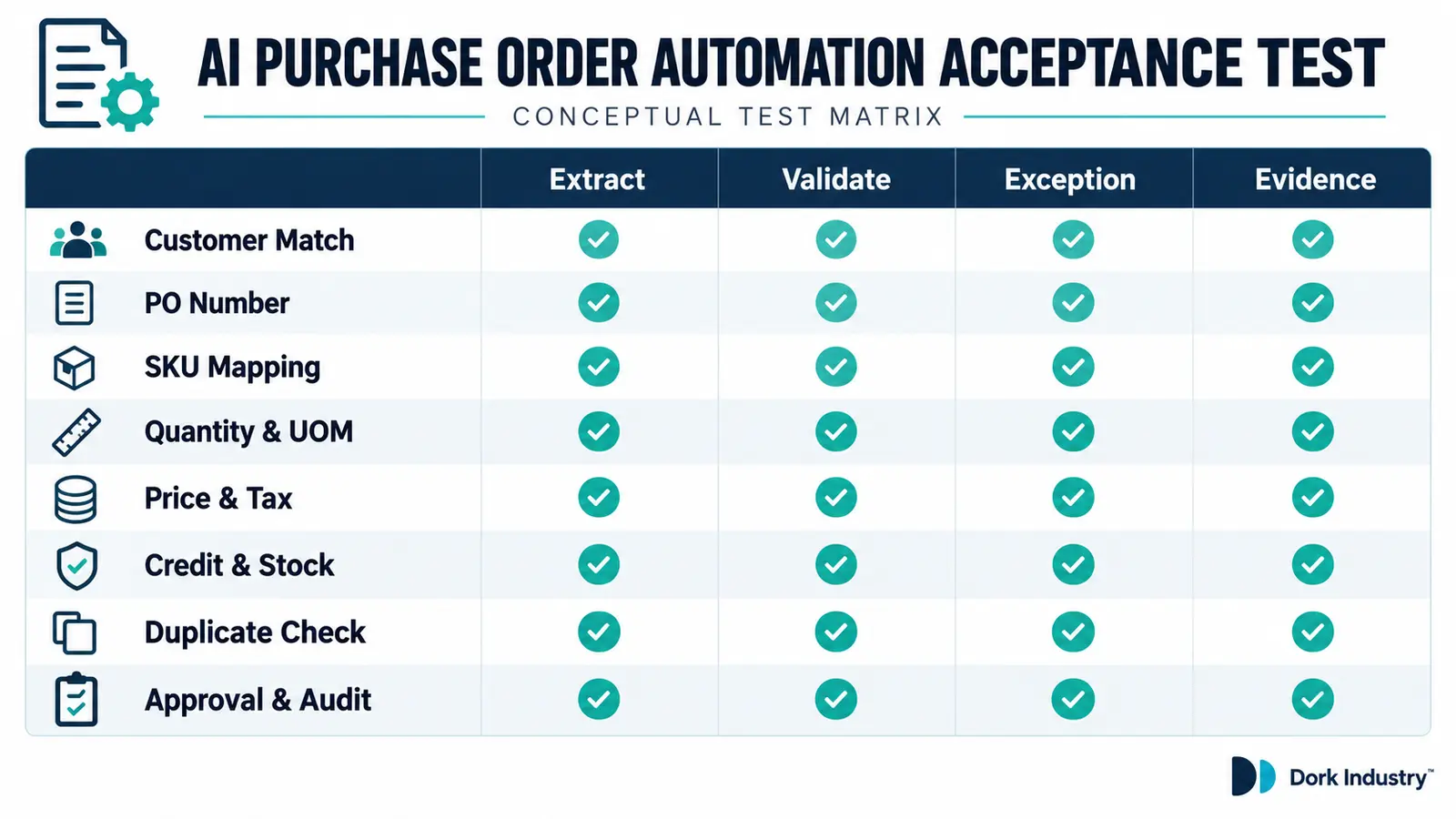 Conceptual AI purchase order automation acceptance test matrix for distributor order processing