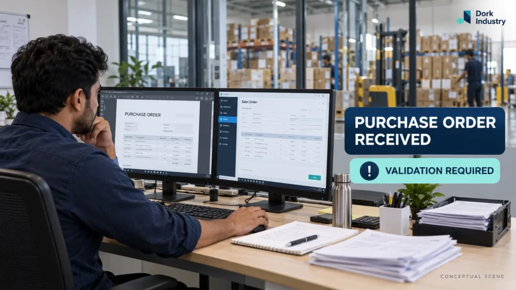 Conceptual distributor team validating a customer purchase order before creating a sales order