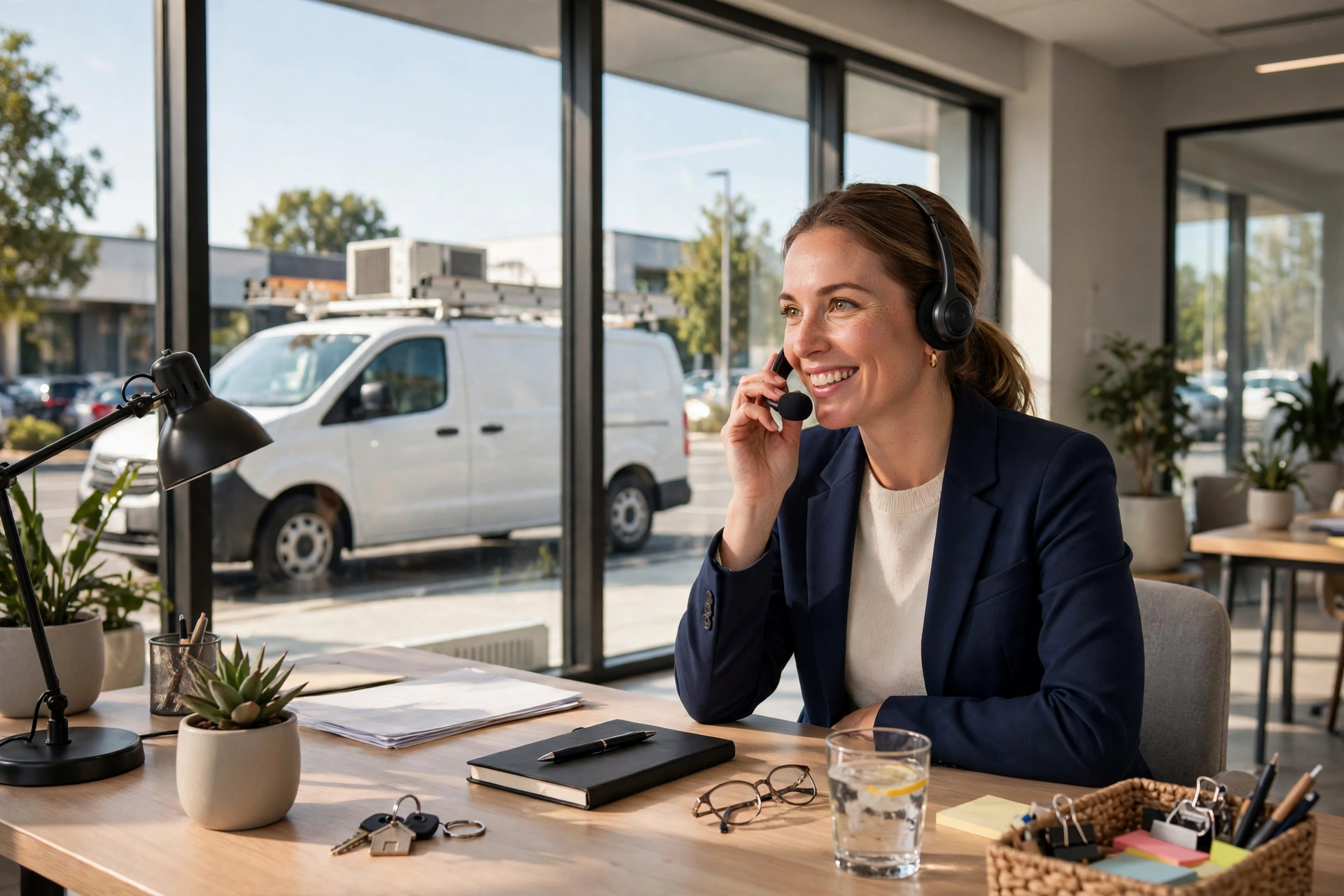 Receptionist with a headset answering calls while a heating and cooling service van waits outside