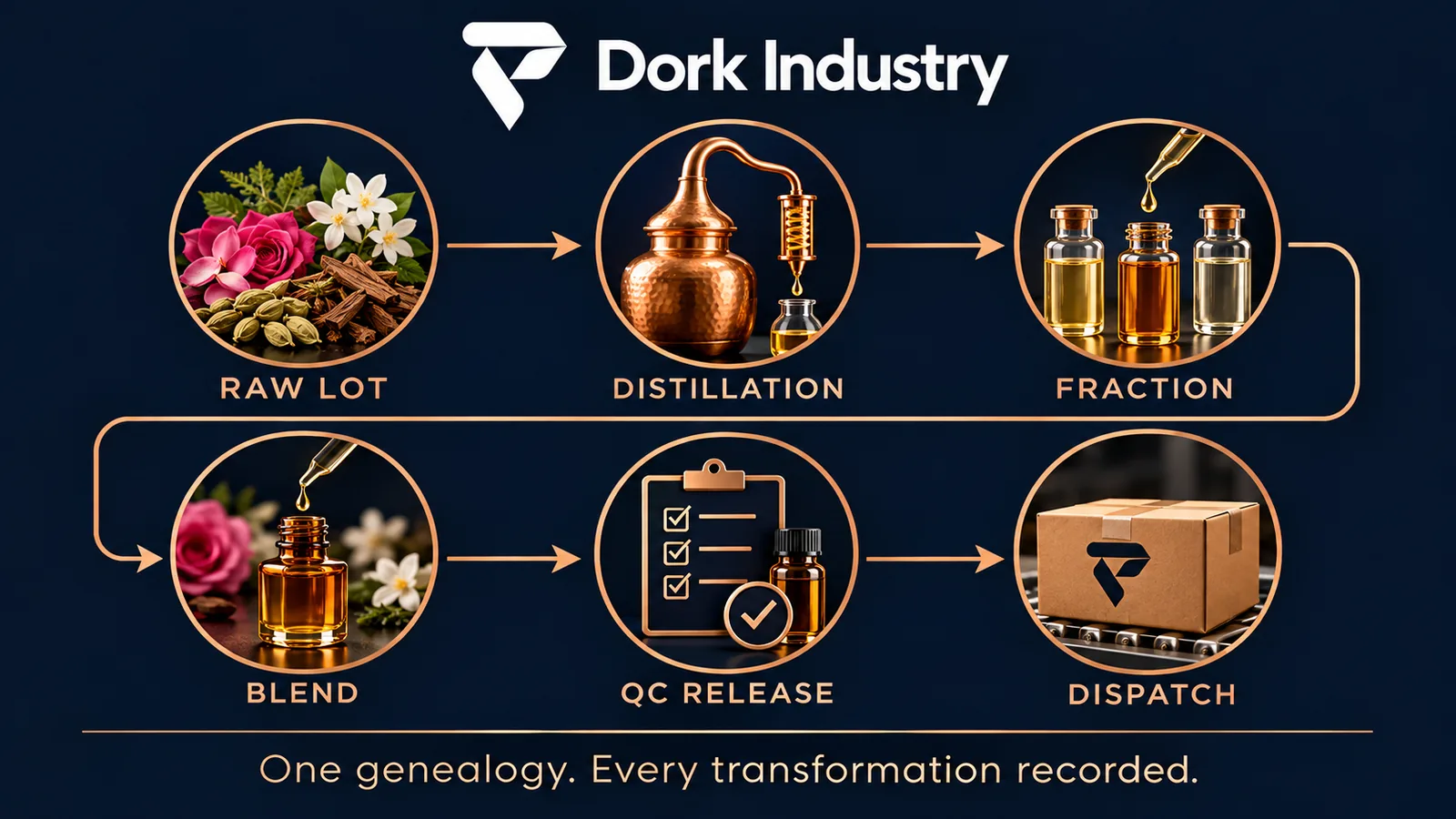 Attar batch genealogy from raw botanical lot through distillation, fraction, blend, quality release and dispatch