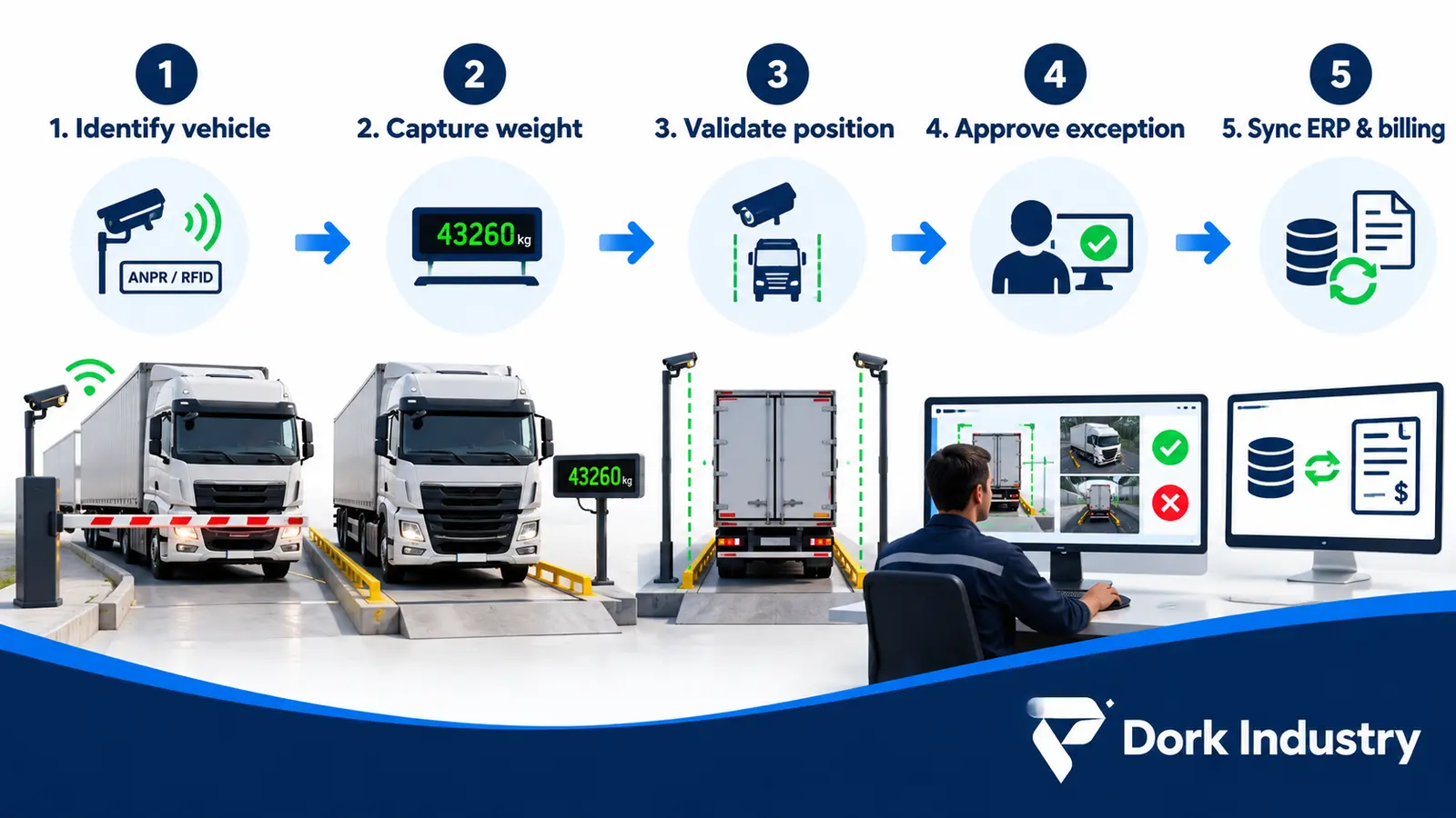 Automated weighbridge workflow from vehicle identification to ERP billing