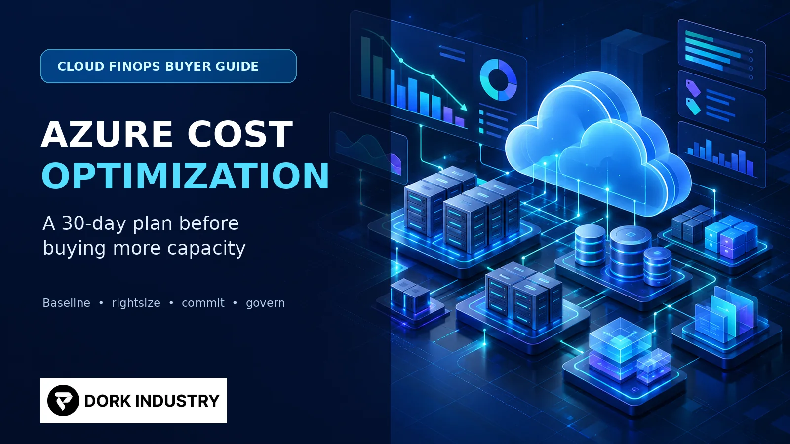 Azure cost optimization 30-day plan showing cloud compute storage database cost dashboards and Dork Industry branding