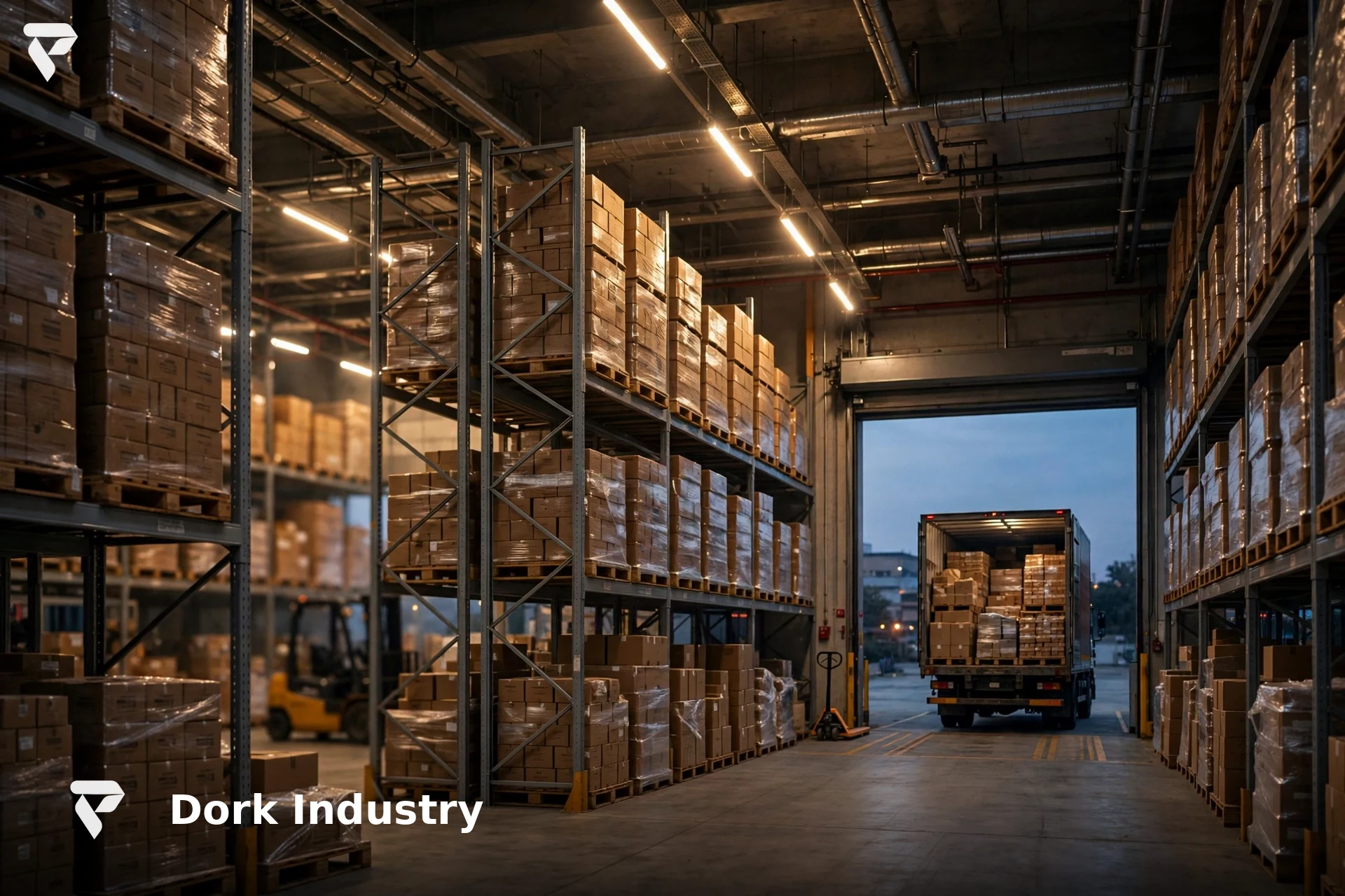 B2B app development: wholesale distribution warehouse with delivery trucks at a loading dock