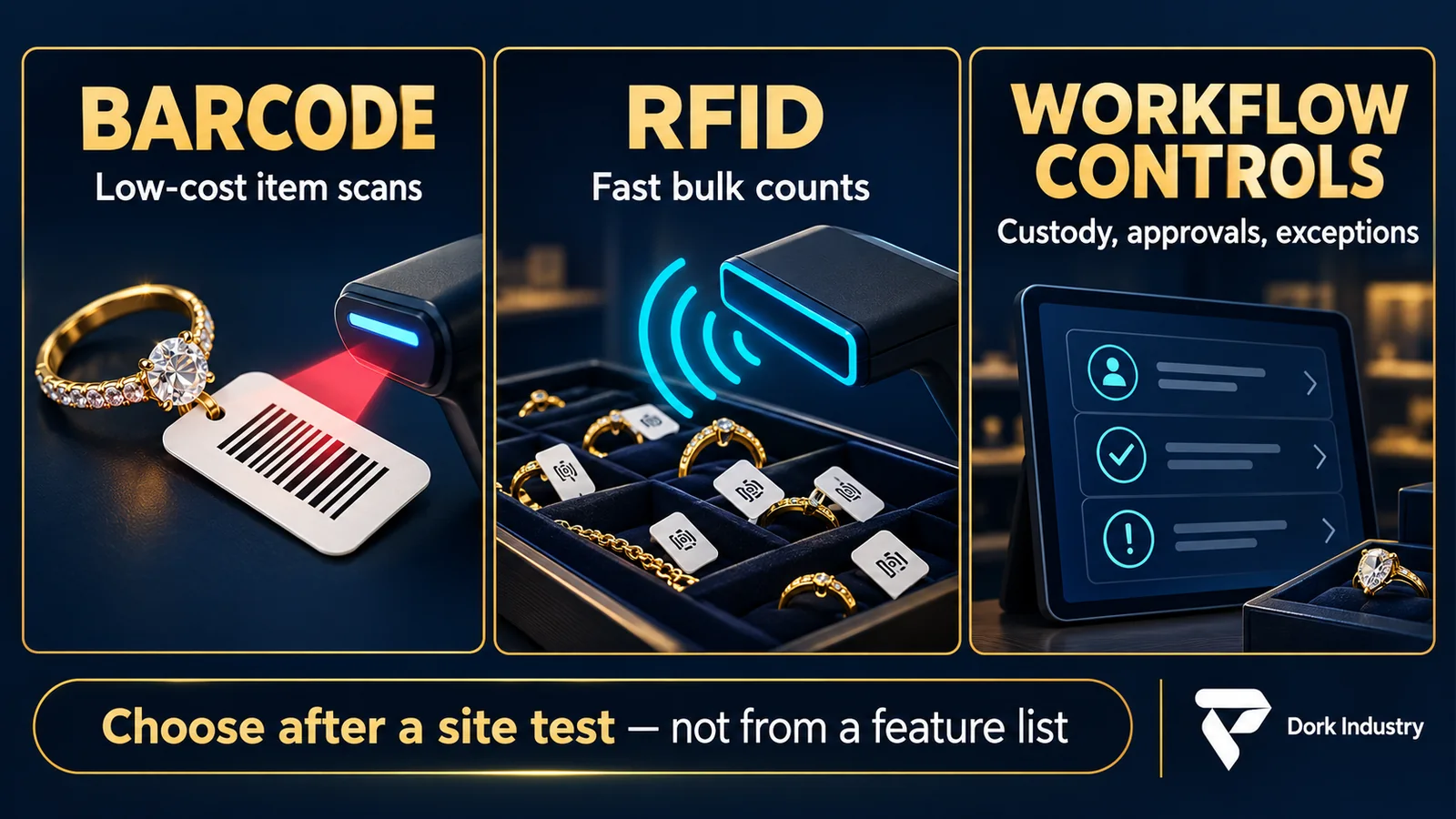 Jewellery inventory management software decision guide comparing barcode, RFID and workflow controls