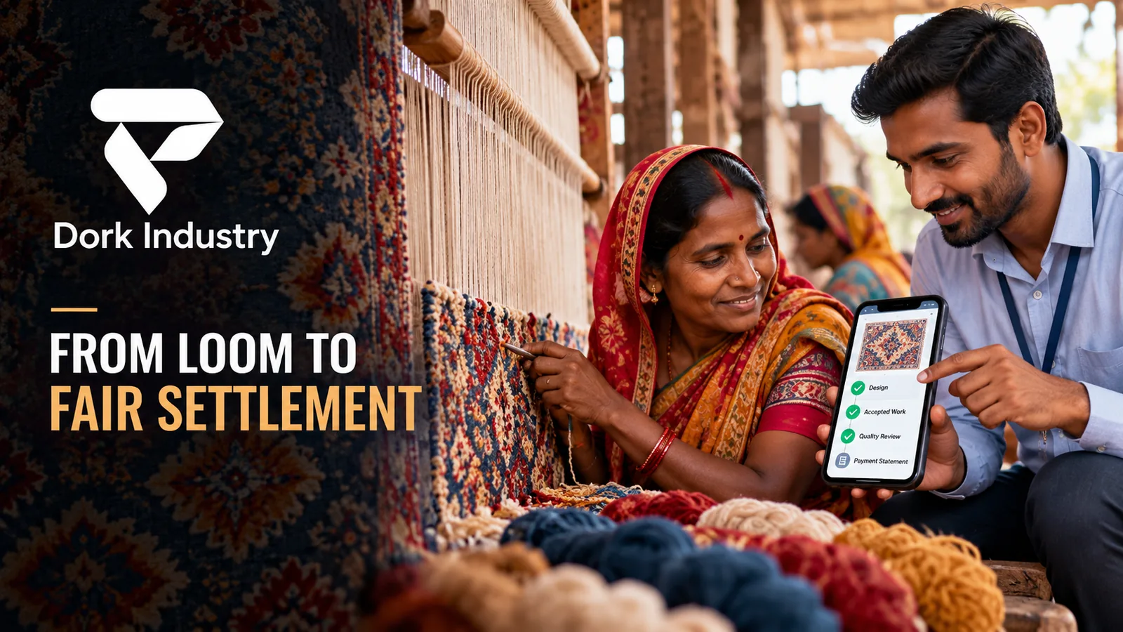 Carpet artisan and production coordinator reviewing accepted work and a transparent payment statement