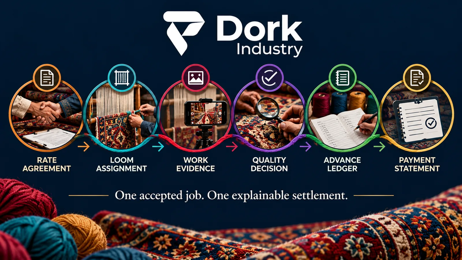 Carpet settlement workflow from rate agreement and loom assignment through quality decision and payment statement