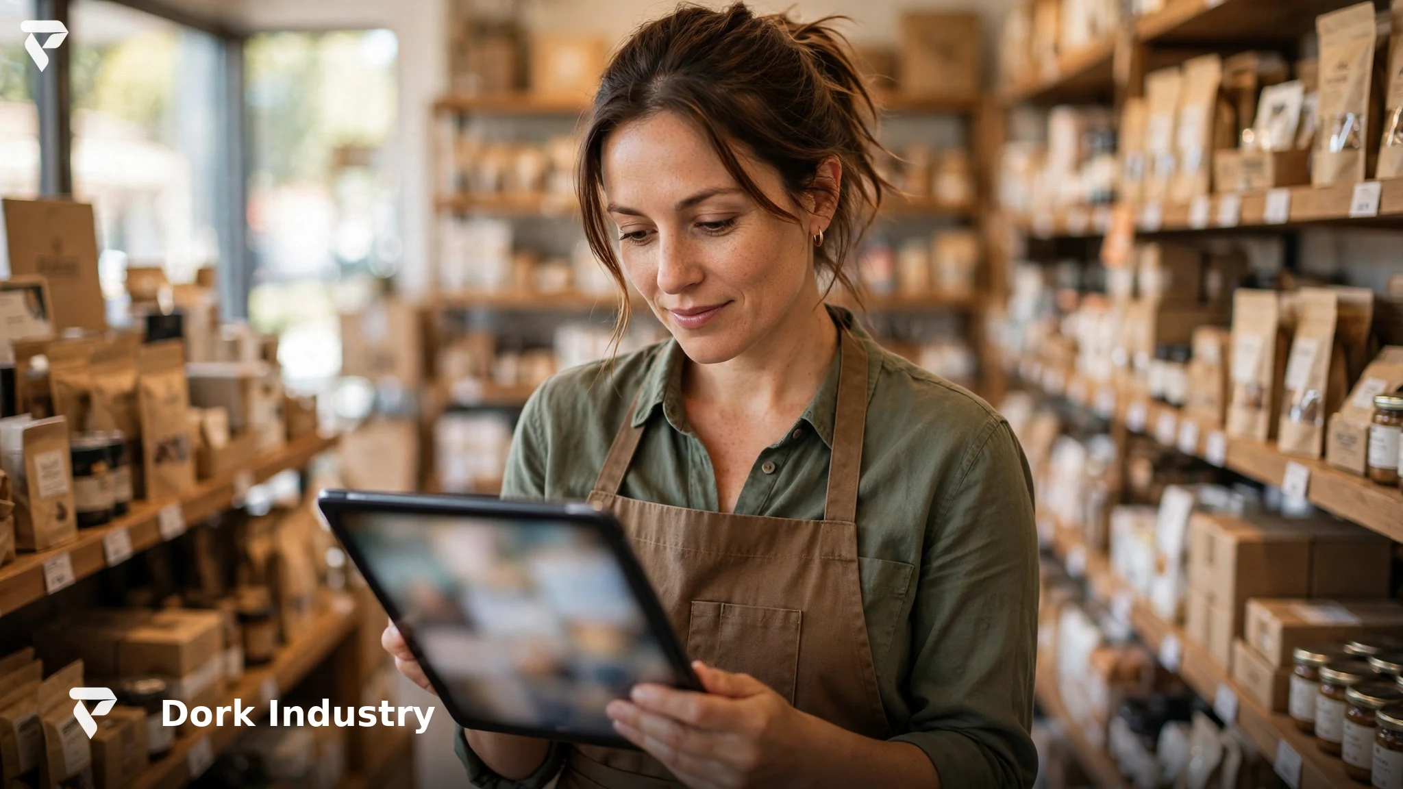 Retail store owner reviewing a product catalog on a tablet