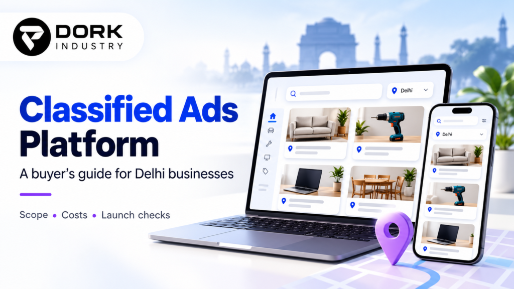 Classified ads platform buyer guide for Delhi businesses, showing listing screens on a laptop and phone