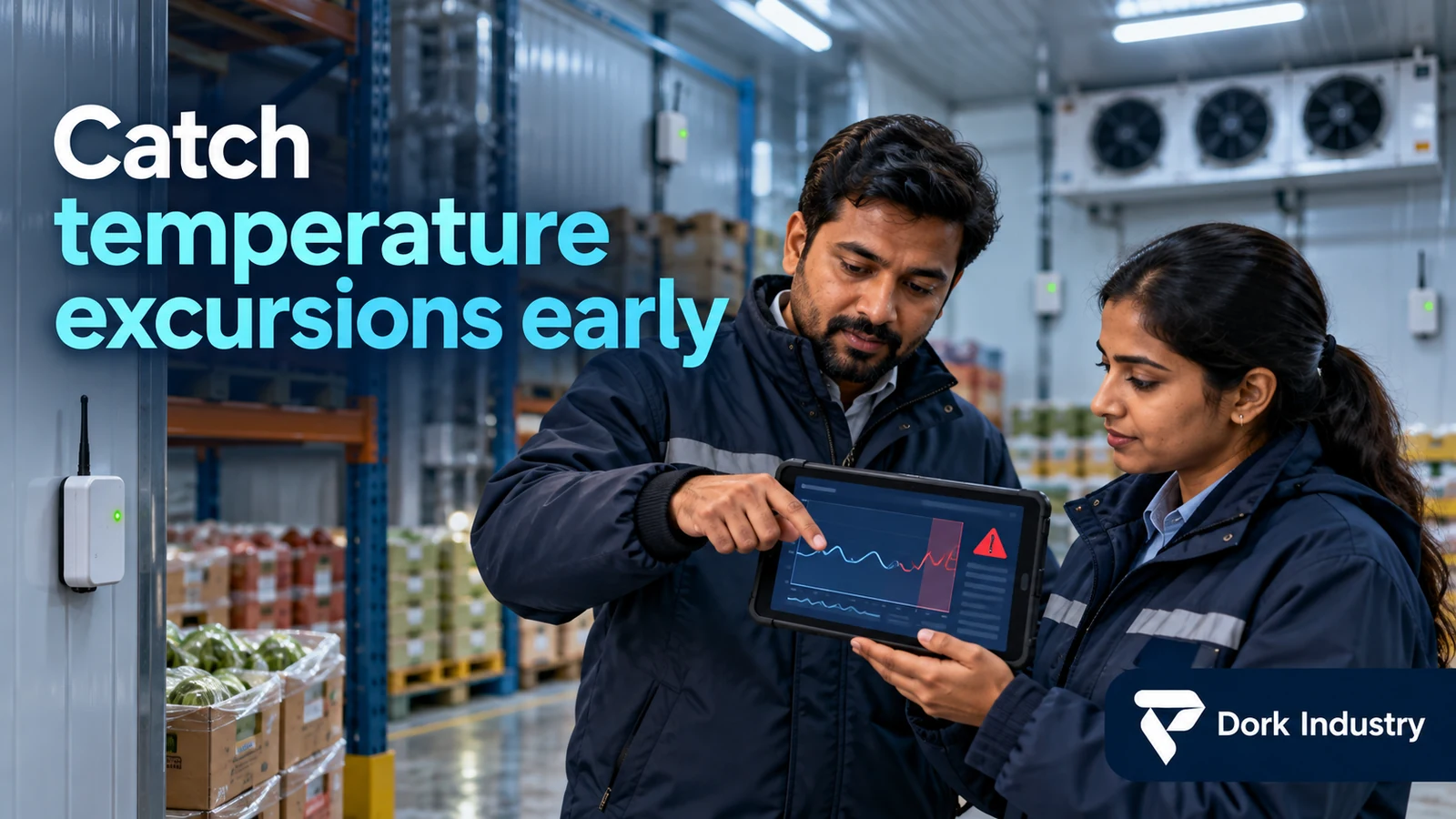 Cold storage temperature monitoring system dashboard reviewed by operations and QA staff in a refrigerated warehouse