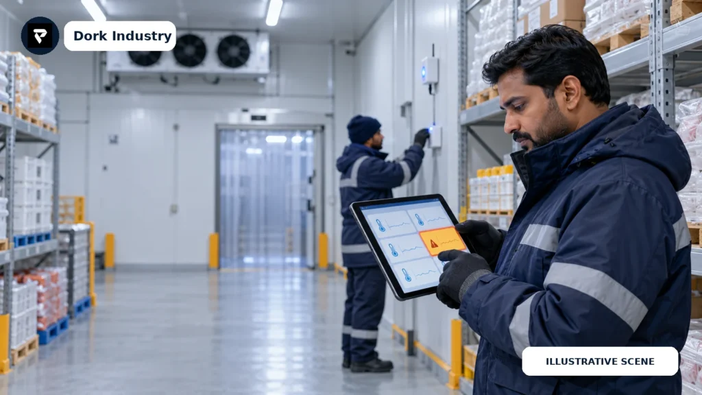 Cold-storage manager reviewing an IoT temperature alert on a tablet