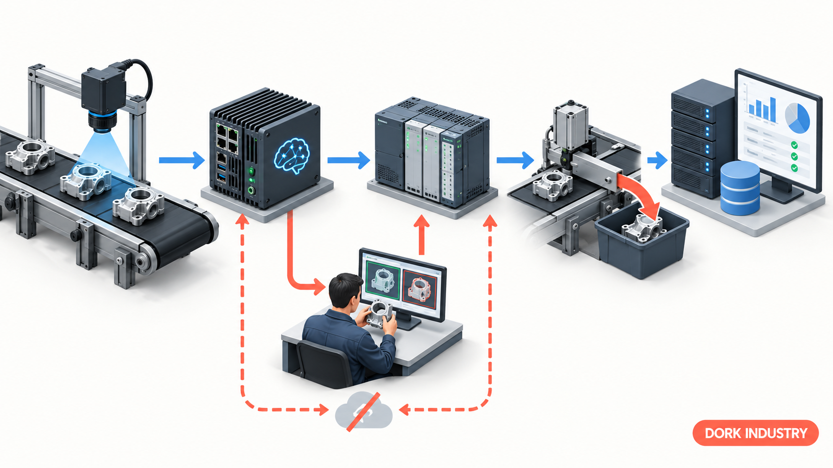 Computer vision manufacturing architecture from camera and edge AI to PLC MES and human review