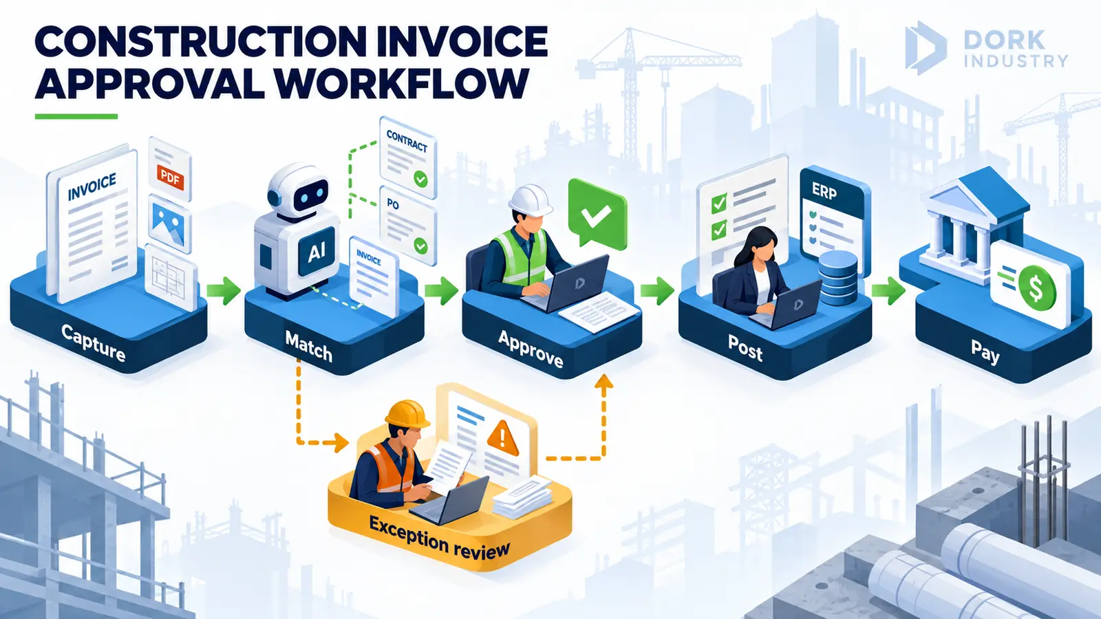 Conceptual workflow for capturing, matching, approving and posting construction subcontractor invoices