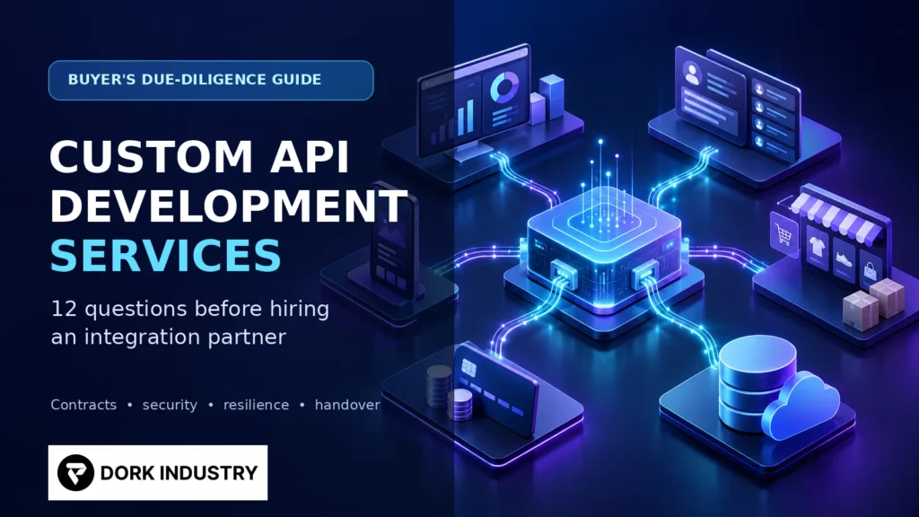 Custom API development services buyer guide showing ERP CRM ecommerce mobile payments and cloud systems connected through one API hub