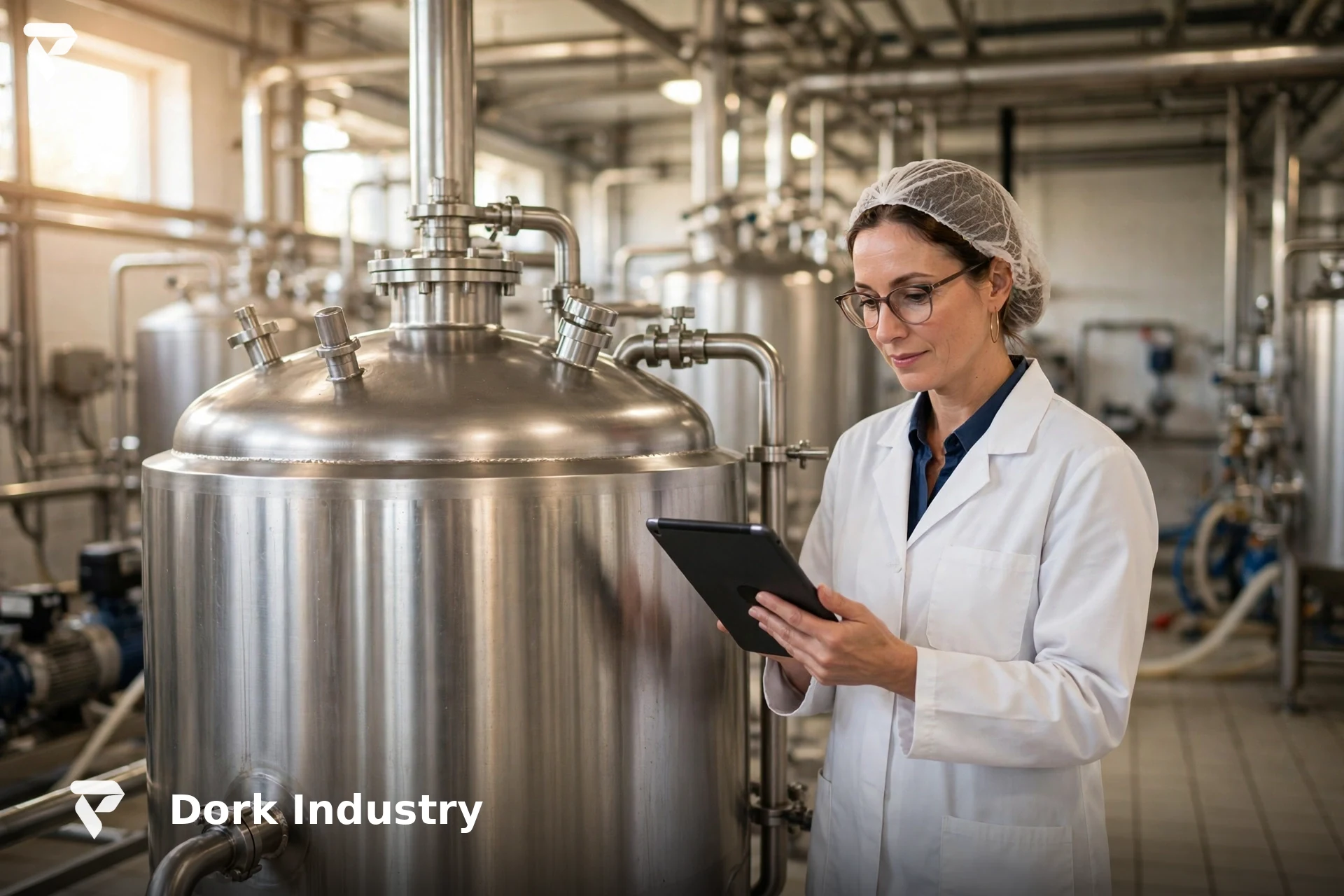 Dairy plant quality manager reviewing milk batch data on a tablet