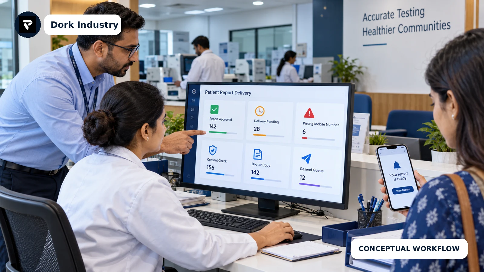 Diagnostic lab report delivery automation dashboard in a laboratory