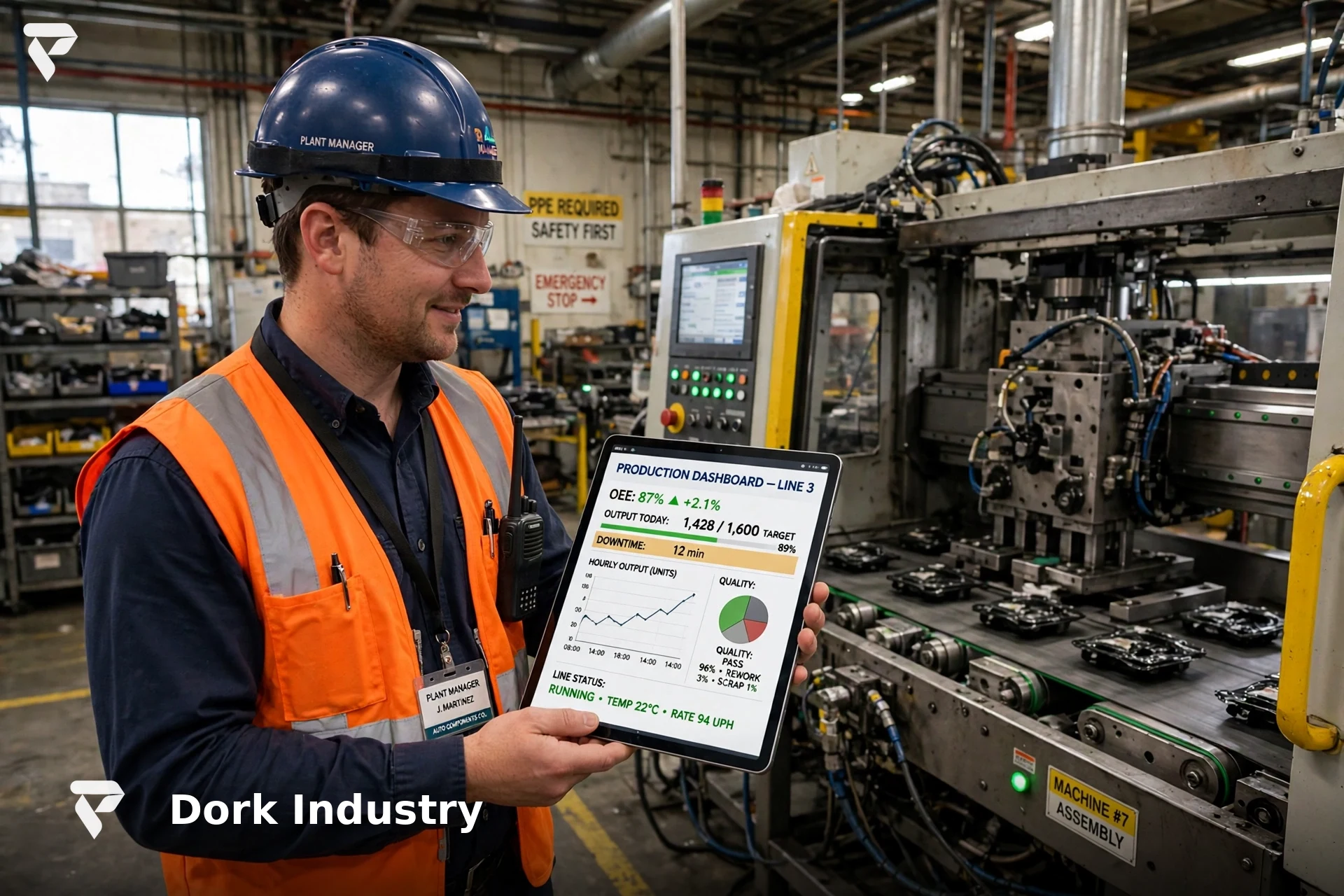 Plant manager reviewing a live IoT development downtime dashboard on a tablet on the factory floor