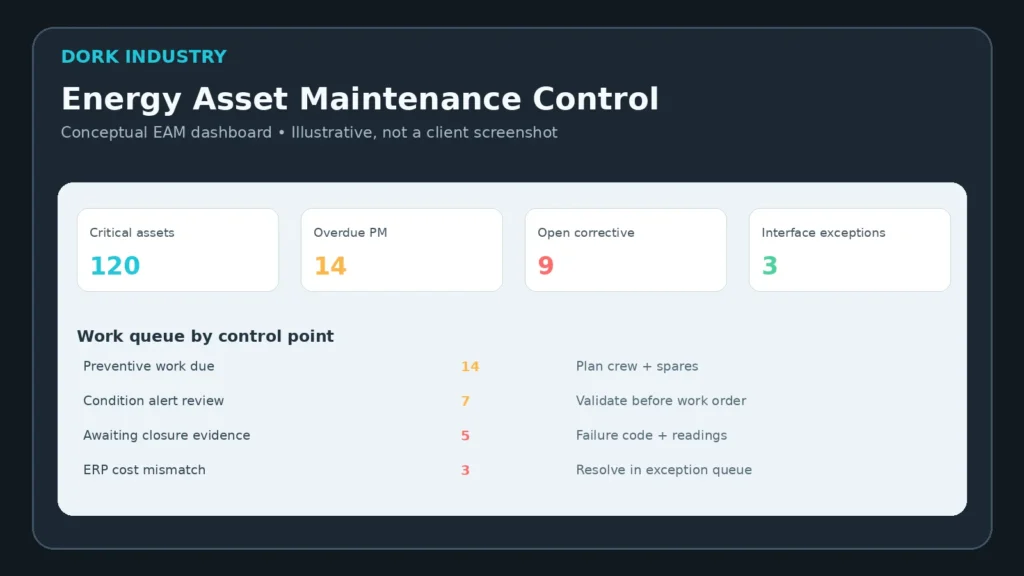 Conceptual energy asset maintenance dashboard showing critical assets, overdue preventive maintenance, corrective work and interface exceptions.