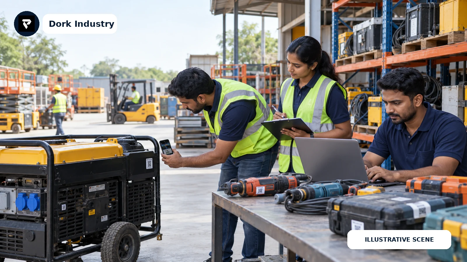 Equipment rental team scanning a tagged generator during return inspection