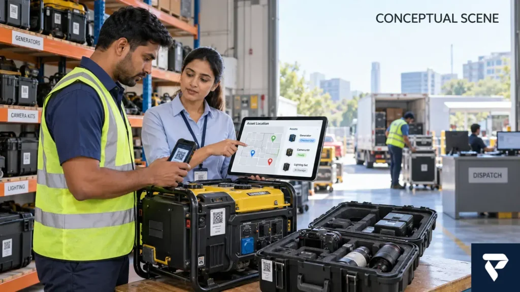 Rental asset tracking system showing checkout scanning and equipment location status
