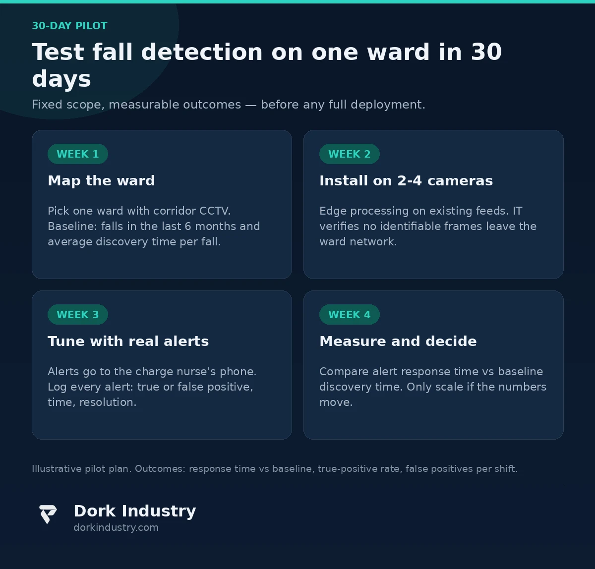 Infographic: 30-day pilot plan for hospital fall-detection computer vision - map, install, tune, measure