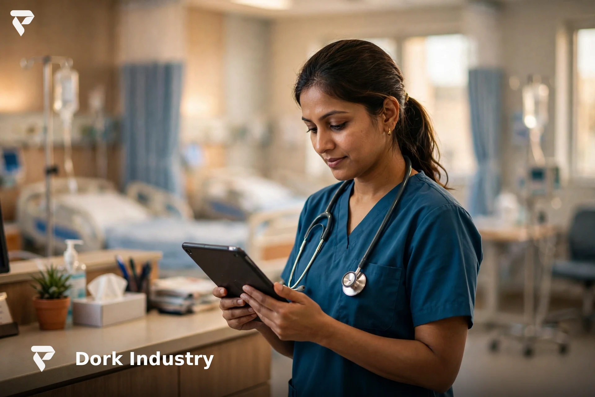 Nurse reviewing patient-safety alerts on a tablet at a hospital nurses' station