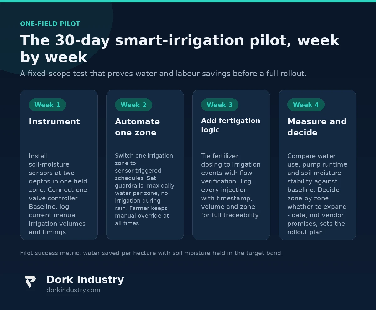 Infographic: the 30-day smart-irrigation pilot, week by week